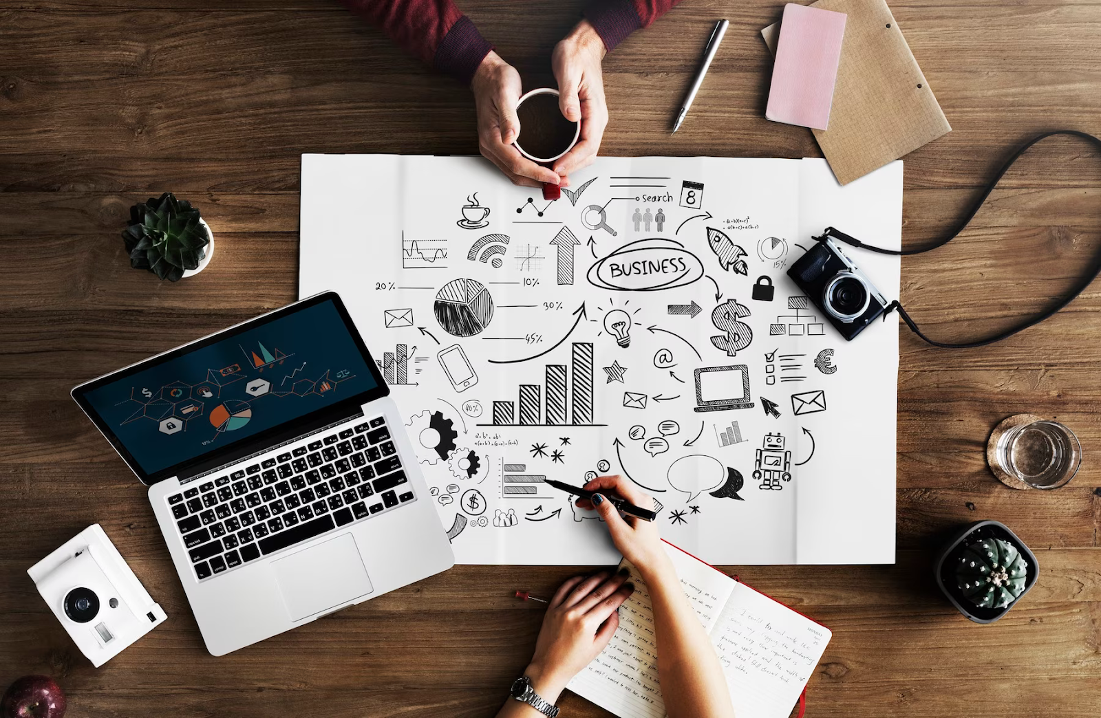A roadmap to business growth lying on a wooden table